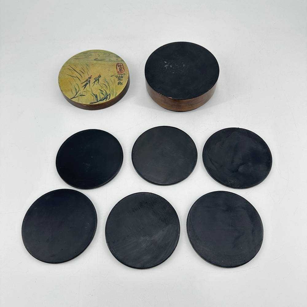 Vintage Japanese Lacquerware Coaster Set Hand Painted Nature Scenes with Box 6pc - Picture 3 of 6